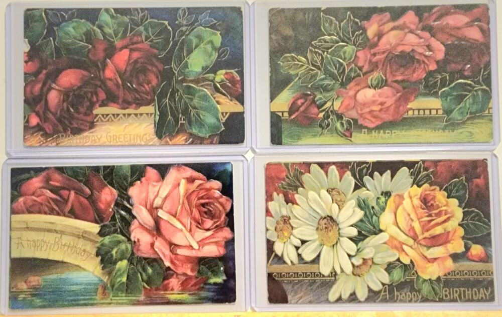 Lot Of Four Vintage Antique Embossed Postcards Flowers Birthday